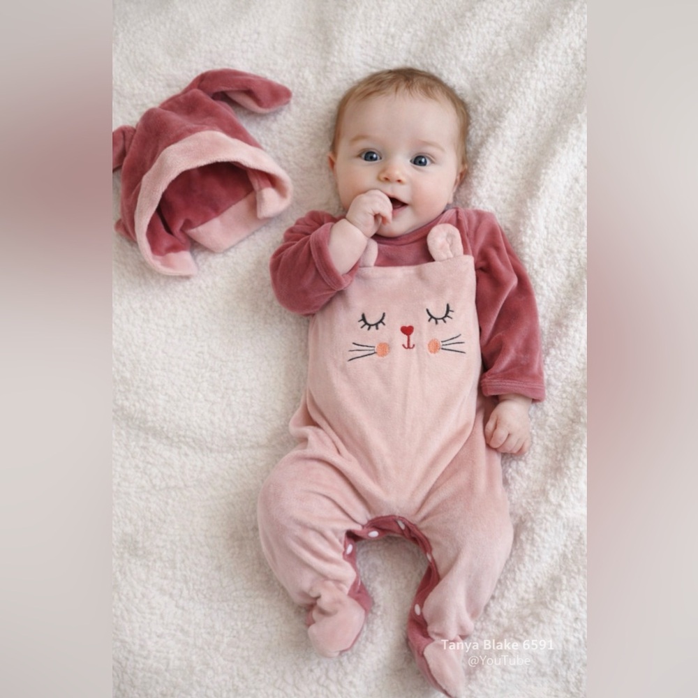 🌸 Baby Girl Plush Sleeper Set – Newborn (Hat Included)